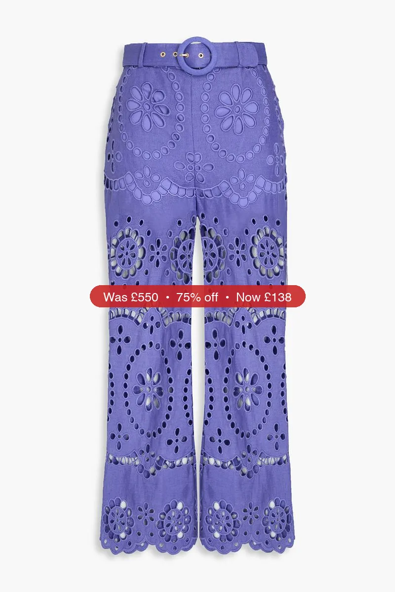 ZIMMERMANN Belted broderie anglaise linen kick-flare pants - 75% Off