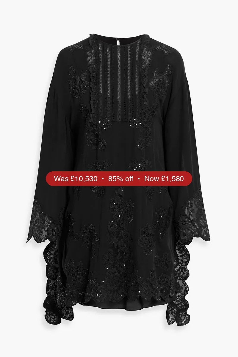 VALENTINO GARAVANI Embellished lace-paneled silk-crepe mini dress - 85% Off